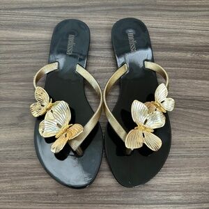 Melissa Flip Flop Gold Butterfly Thong Sandals Balck Vegan Size 5